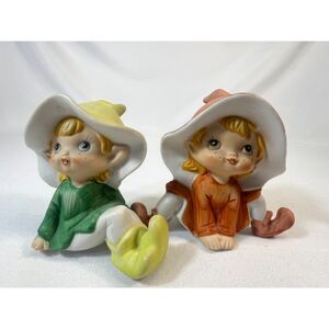 Set of 2 Homco Pixie Elves Elf Figurines Shelf Sitter #5213 Ceramic Porcelain